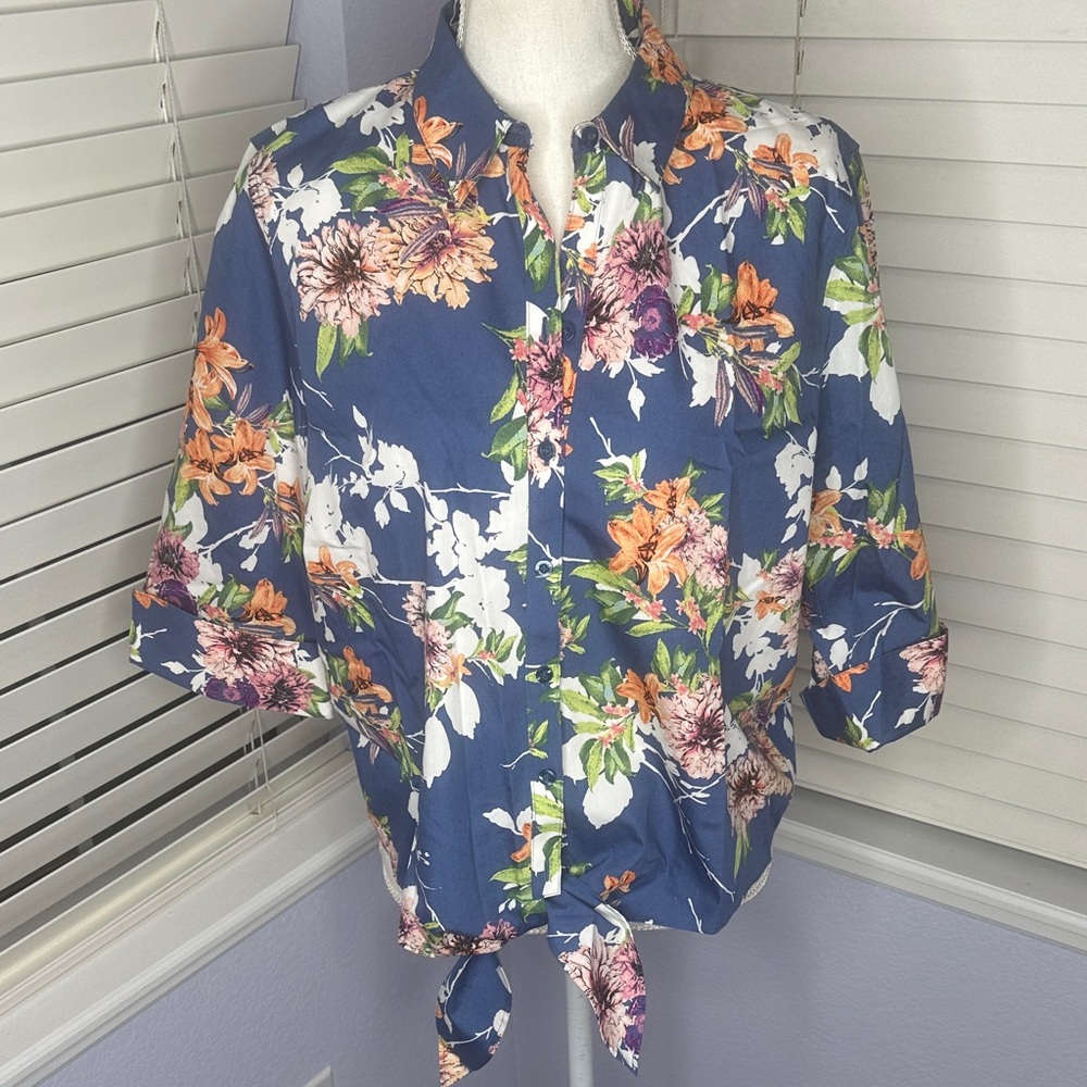 Chico's Blue Floral Blouse with Tie-Front